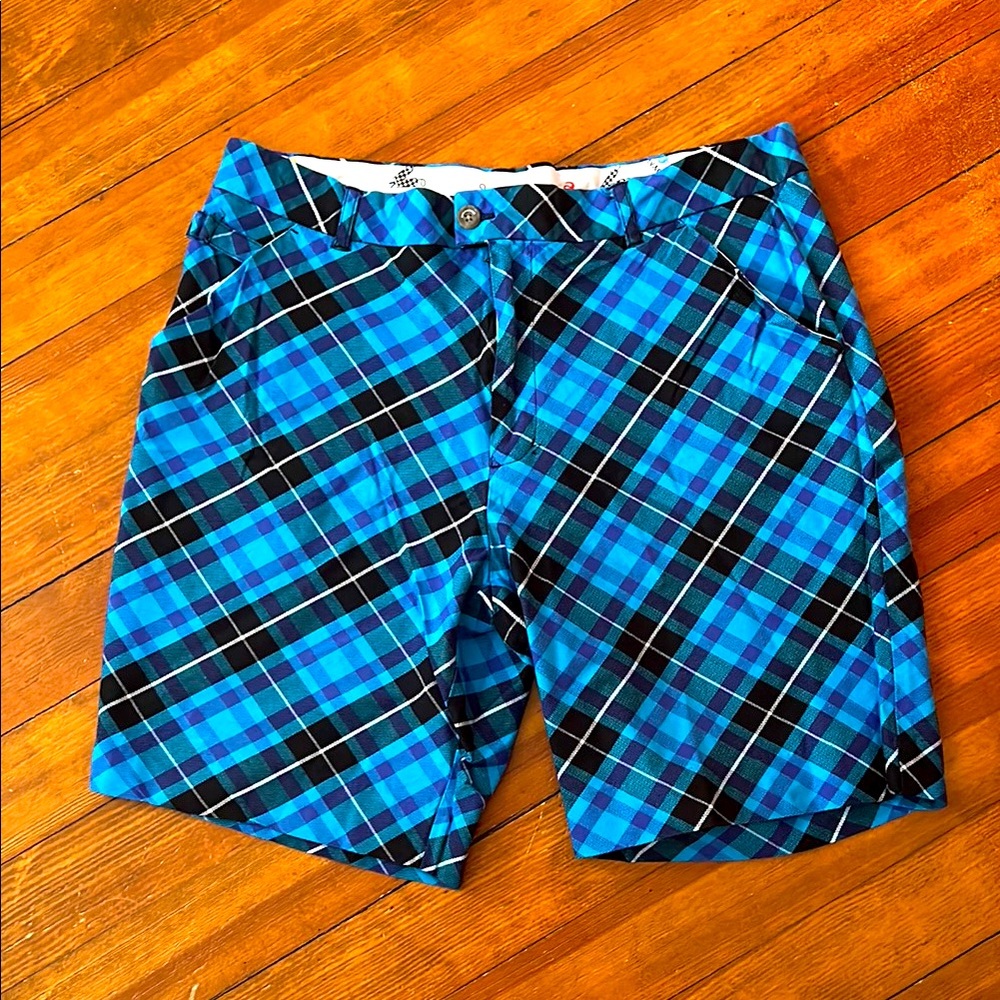 Royal & Awesome Blue and Black Plaid Golf Shorts Men’s 36